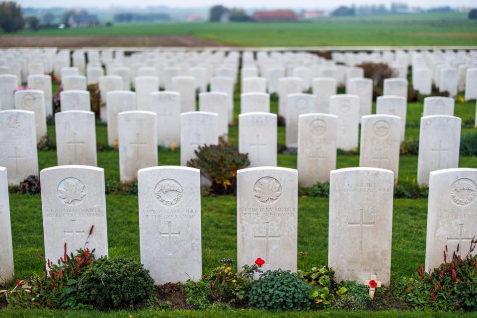 World War I graves are seen in early morning light at Tyne Cot cemetery in Zonnebeke, Belgium (AP)