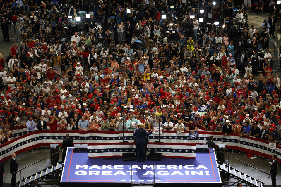 President Donald Trump speaks during his re-election kickoff rally at the Amway Center, Tuesday, June 18, 2019, in Orlando, Fla. (AP Photo/Evan Vucci)