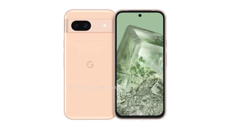 A leaked render of the Pixel 8a from the front and back.
