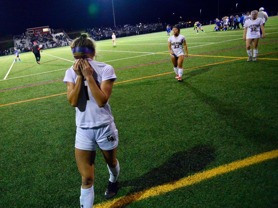 A tearful Haley Noblit of Greecastle exits the field after a tough loss. Greencastle battled Lower Dauphin for the District 3 Class 3A title on Thursday, November 3, 2022. Lower Dauphin won 2-0.