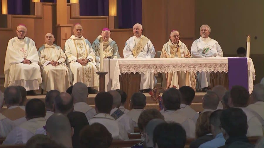 Hundreds gathered for a memorial mass to honor Los Angeles Auxillary Bishop David O'Connell at the San Gabriel Mission Church on Feb. 24, 2024. (KTLA)