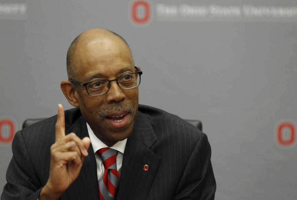 Dr. Michael Drake speaks during a press conference after being named the new president at Ohio State University following a university board meeting where he was voted in at the school Wednesday, Jan. 30, 2014. (AP Photo/Paul Vernon)