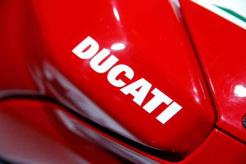 Ducati logo is pictured during the Volkswagen Group's annual general meeting in Berlin