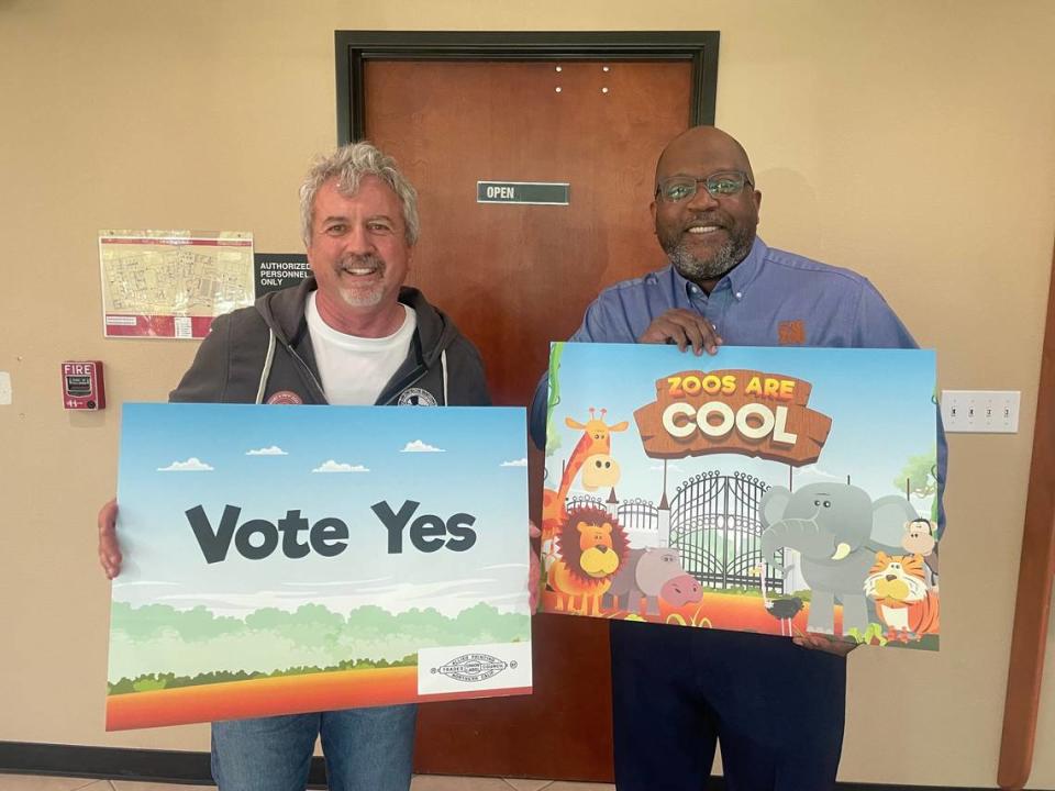 Kevin Ferreira (left), Robert Churchill are both in attendance inside the Elk Grove City Council chambers in support of a relocation vote.