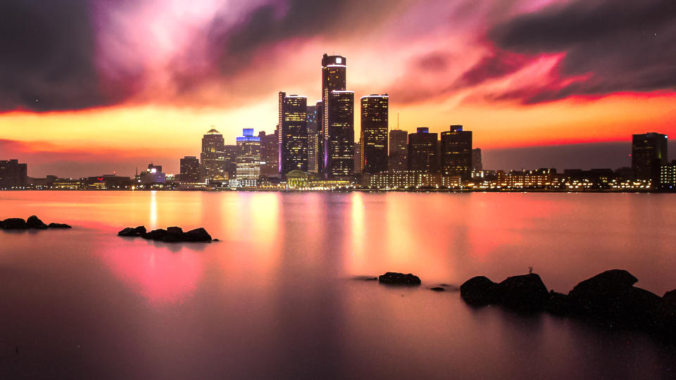 A long exposure of the Detroit skyline as seen from across the Detroit River in Windsor, Ontario, Canada.