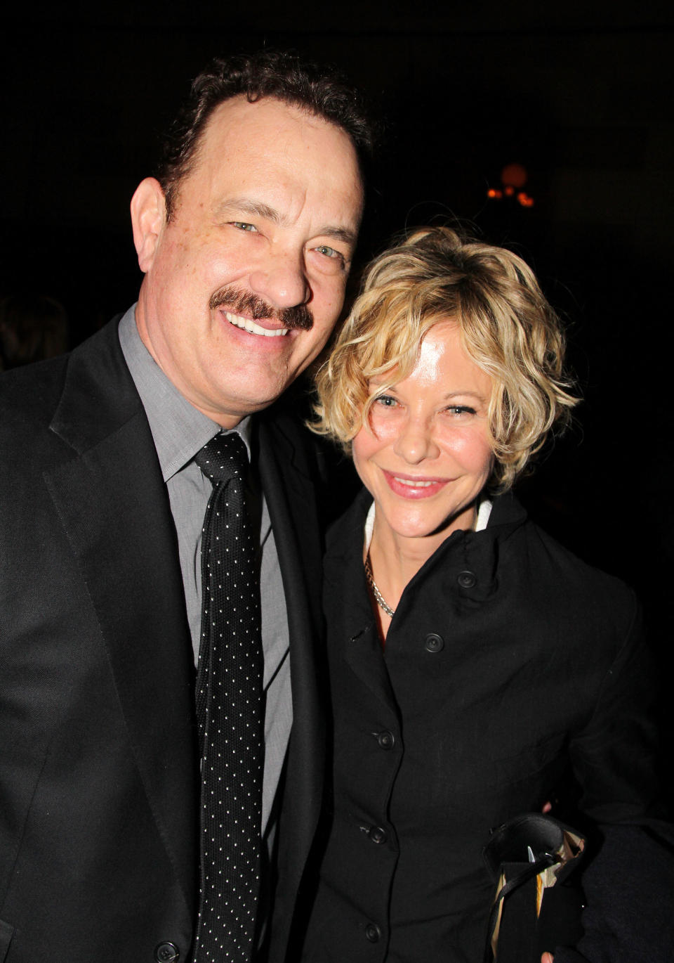<p>"Sleepless in Seattle" stars Tom Hanks and Meg Ryan posed for a photo opp at the opening night party for Broadway's "Lucky Guy" at Gotham Hall on April 1, 2013 in New York City.&nbsp;</p>