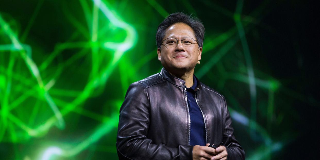 Jen-Hsun Huang, CEO of Nvidia Corp., gives a keynote presentation during the GPU Technology Conference in San Jose, California. Huang later unveiled the Titan X CPU operating with a GeForce GTX Titan X graphics card during the presentation.