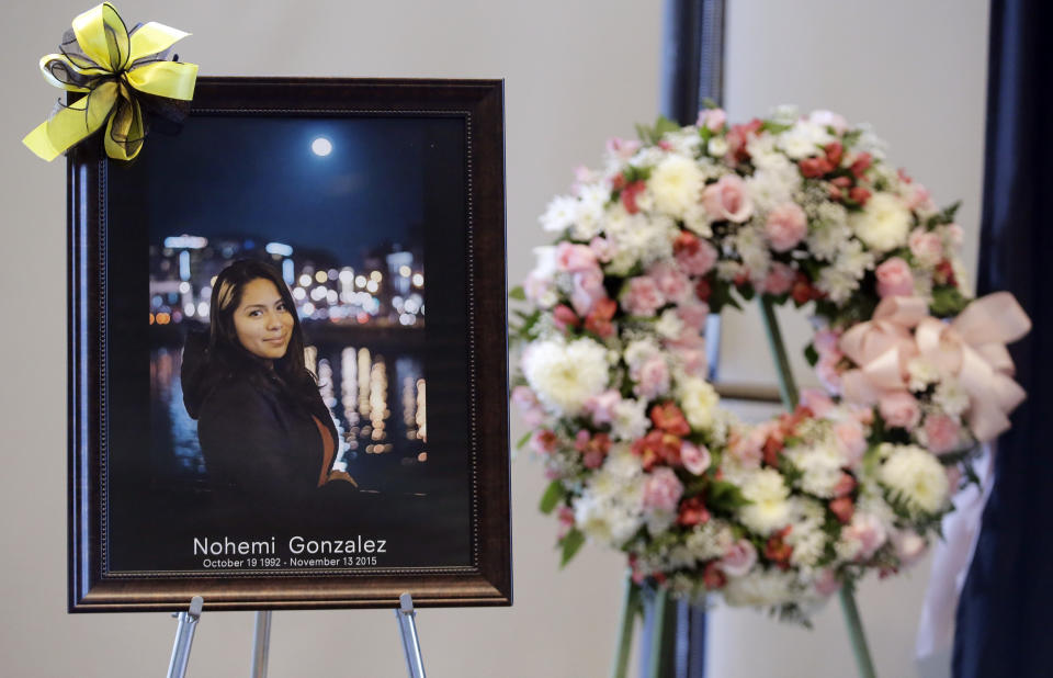 FILE - A picture is displayed during a memorial service for California State Long Beach student Nohemi Gonzalez, who was killed by Islamic State gunmen in Paris, Sunday, Nov. 15, 2015, in Long Beach, Calif. The Supreme Court on Thursday, May 18, sidestepped a case against Google that might have allowed more lawsuits against social media companies. The justices' decision returns to a lower court the case from the family of Nohemi Gonzalez. The family wants to sue Google for YouTube videos they said helped attract IS recruits and radicalize them. Google owns YouTube. (AP Photo/Chris Carlson, File)