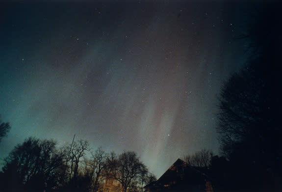 Photograph of the aurora of March 13, 1989, taken from Sea Cliff, NY, by Ken Spencer. The view is looking roughly northeast.