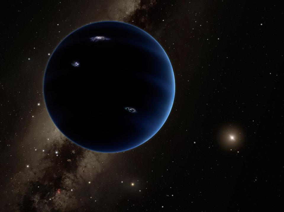 This artistic rendering shows the distant view from Planet Nine back towards the sun. The planet is thought to be gaseous, similar to Uranus and Neptune. Hypothetical lightning lights up the night side: Caltech/R. Hurt (IPAC)