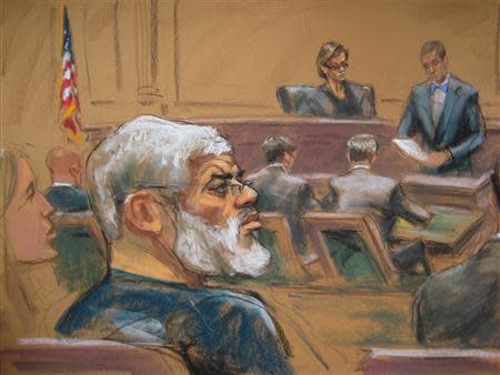 Courtroom deputy Joseph Pecorino (R) reads the verdict alongside Judge Katherine Forrest (background) and Abu Hamza al-Masri (L), the radical Islamist cleric facing U.S. terrorism charges, in this artist's sketch in New York May 19, 2014. REUTERS/Jane Rosenberg