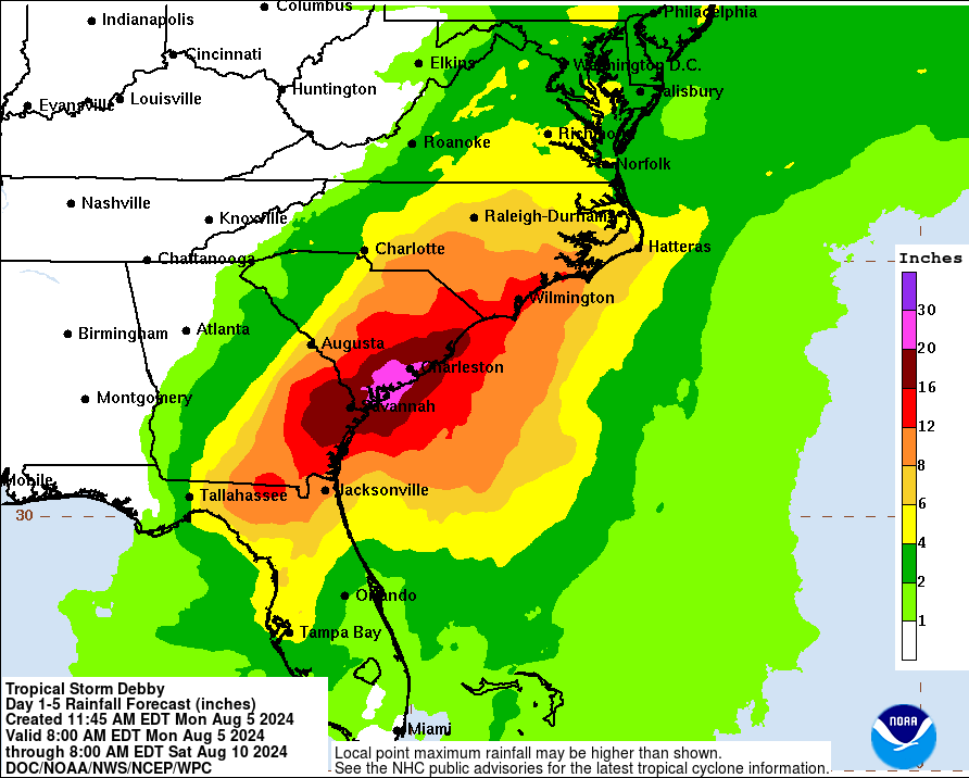 Rainfall amounts from Tropical Storm Debby forecast.