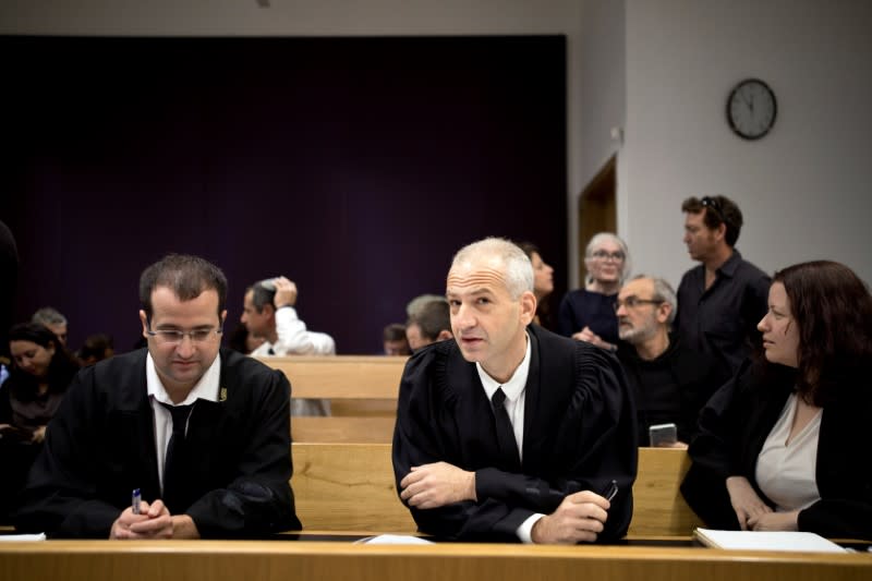 Attorneys Eitay Mack and Yaron Hanin attend a court hearing on Amnesty International's legal bid to have Israel revoke the export license of the Israeli NSO surveillance firm, at Tel Aviv's District Court, Israel