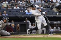 New York Yankees' Aaron Judge strikes out during the first inning of the team's baseball game against the Houston Astros, Friday, June 24, 2022, in New York. (AP Photo/Bebeto Matthews)