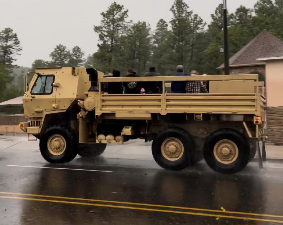 A flash flood watch is in place in Ruidoso and nearby areas from 11 a.m. into the evening on Monday, July 1, according to the National Weather Service. Monsoon rain combined with burn scars from the South Fork and Salt Fires created a chaotic scene over the weekend — people are seen carried to safety by National Guard tactical vehicles.