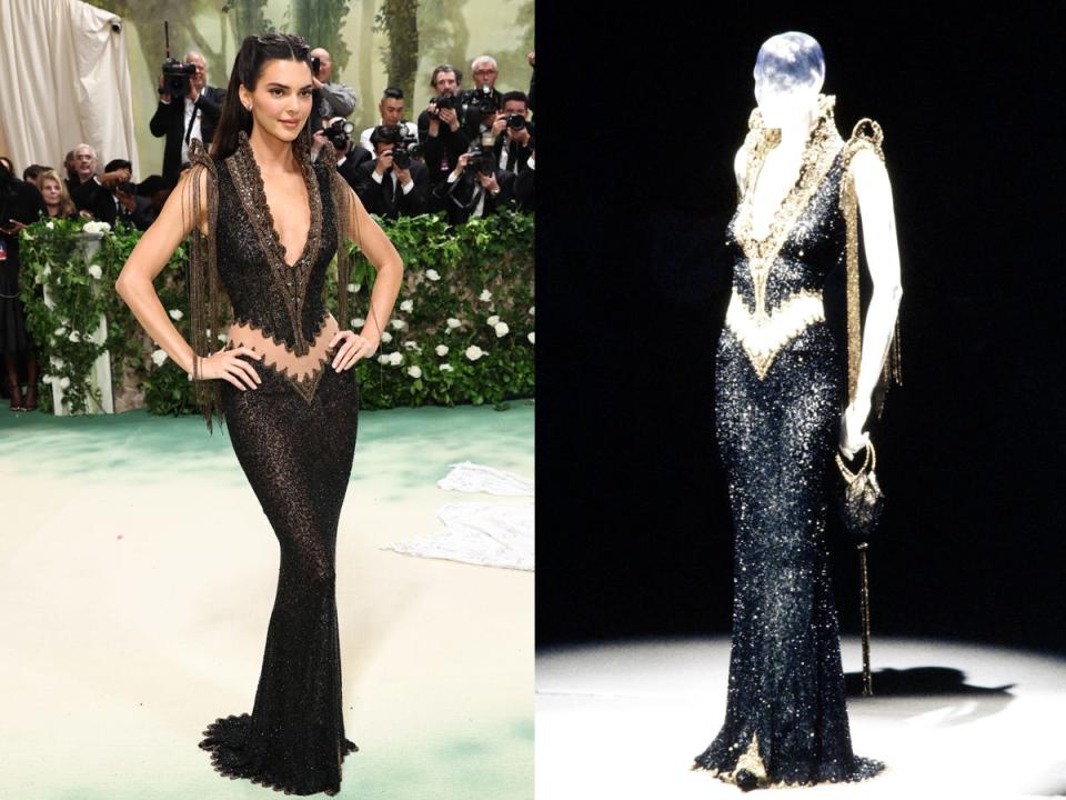 Kendall Jenner at 2024 Met Gala next to image of 1999 vintage