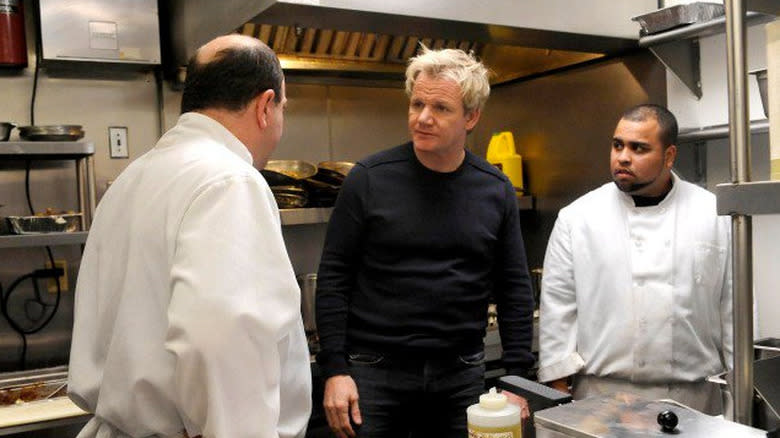 Ramsay in restaurant kitchen with staff