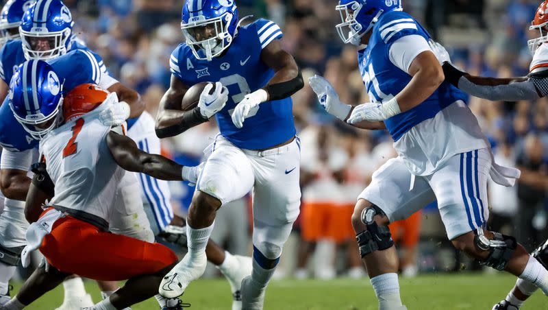 BYU Cougars running back Aidan Robbins (3) moves the ball during a game against the Sam Houston Bearkats at LaVell Edwards Stadium in Provo on Saturday, Sept. 2, 2023. Robbins, a highly regarded transfer from UNLV, didn’t see the field during victory over Arkansas.