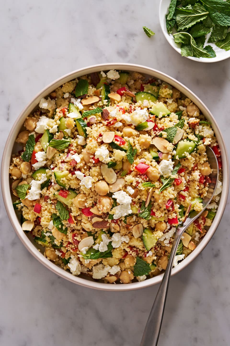 summer couscous salad with feta, chickpeas, and fresh mint