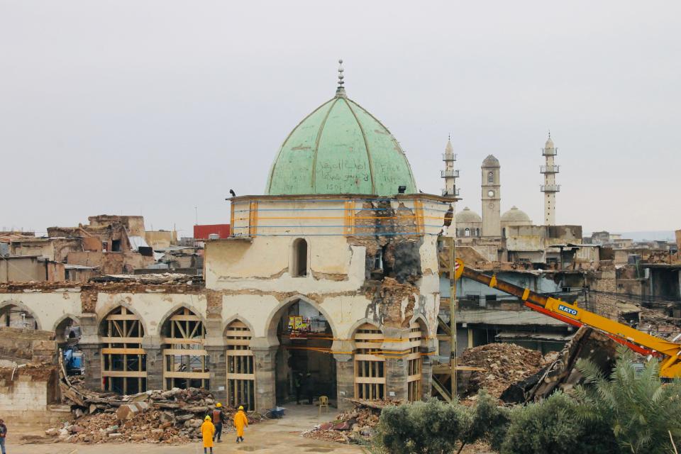 A photo of the original, historic al-Nuri mosque being stabilized in December 2019. Photo: Hadani Ditmars.