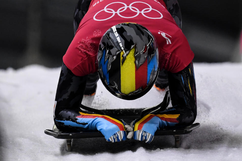 <p>The helmet matching the forearms is a smooth look for Belgium’s Kim Meylemans. </p>