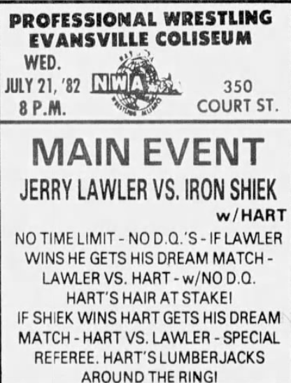 A 1982 Evansville Press ad, complete with a misspelling, promotes a match between Jerry "The King" Lawler and the Iron Sheik. The Iron Sheik, born Hossein Khosrow Ali Vaziri, died Wednesday, June 7 at the age of 81.