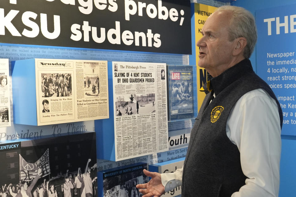 Todd Diacon, president of Kent State University, is pictured during an interview at the May 4 Visitors Center, Wednesday, May 1, 2024, in Kent, Ohio. Kent State University is marking another solemn anniversary of the National Guard shootings that killed four unarmed students and wounded nine others on May 4, 1970. (AP Photo/Sue Ogrocki)