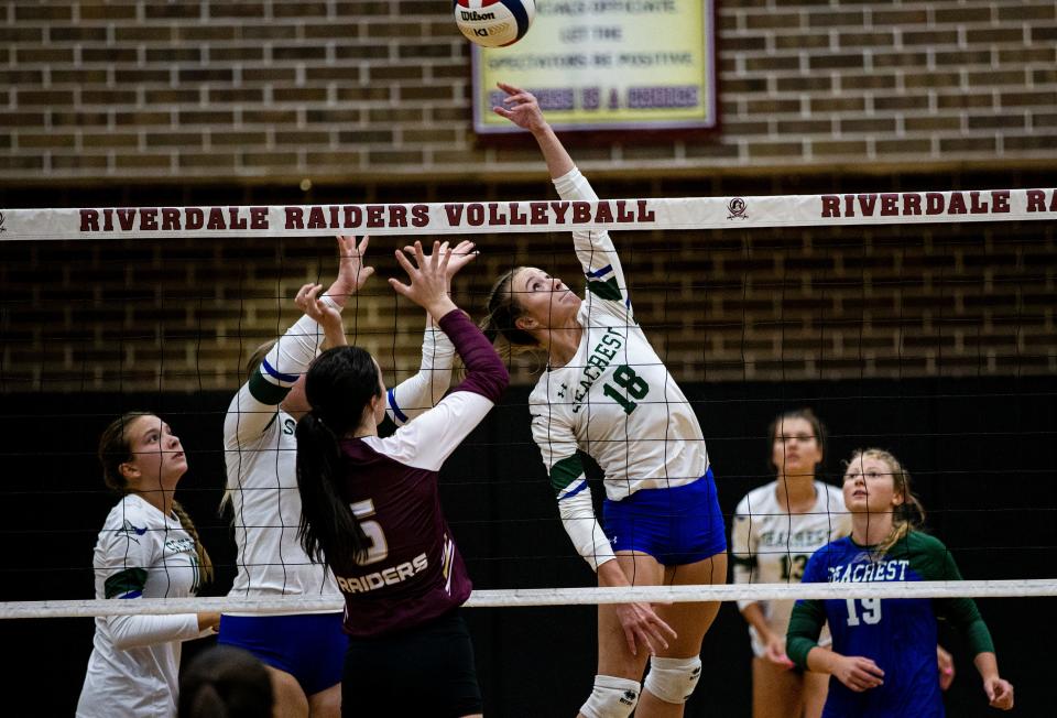 Brooke Spurgeon of the Seacrest Country Day School volleyball team plays the ball against Riverdale High School at Riverdale on Wednesday, Oct. 4, 2023. Seacrest won in three sets.