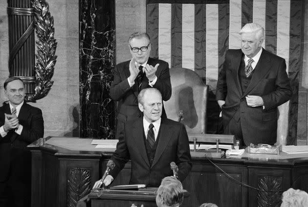 Former President Gerald Ford, seen here delivering the 1977 State of the Union address, is widely remembered for his statesmanship and putting the public interest before party. Cheney mentioned Ford, a Michigander, in her appearance to endorse Slotkin. 