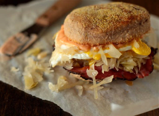 <strong>Get the <a href="http://www.gimmesomeoven.com/reuben-breakfast-sandwich-on-pumpernickel-english-muffins/">Reuben Breakfast Sandwich recipe</a> by Gimme Some Oven</strong>