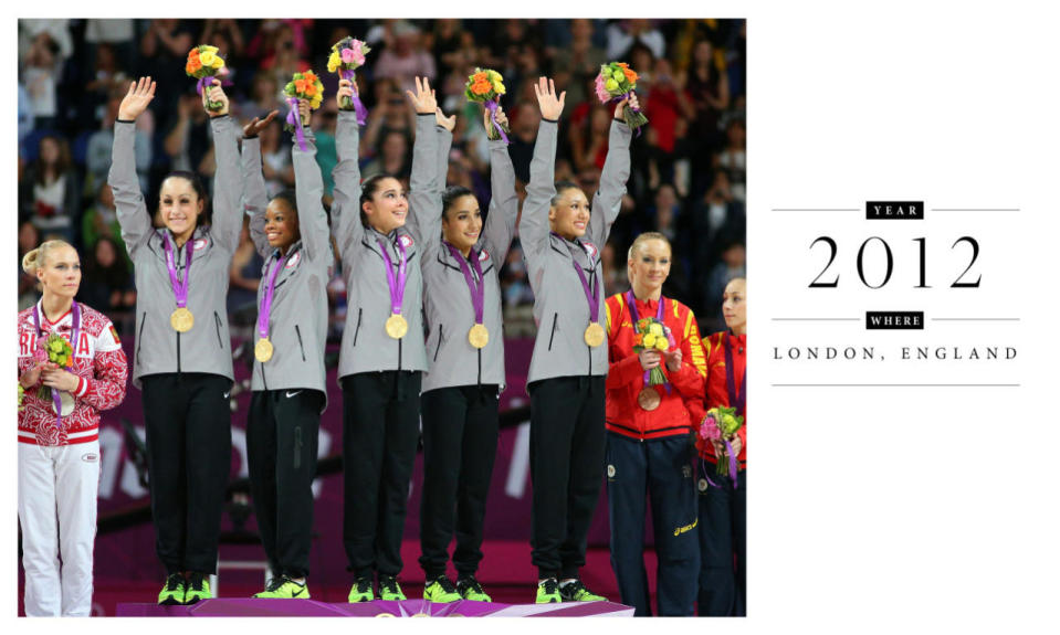 The gymnastics team warmups were less USA and more neutral, with grey tops, black bottoms, and green sneakers. Not a bad outfit for accepting your gold medal!