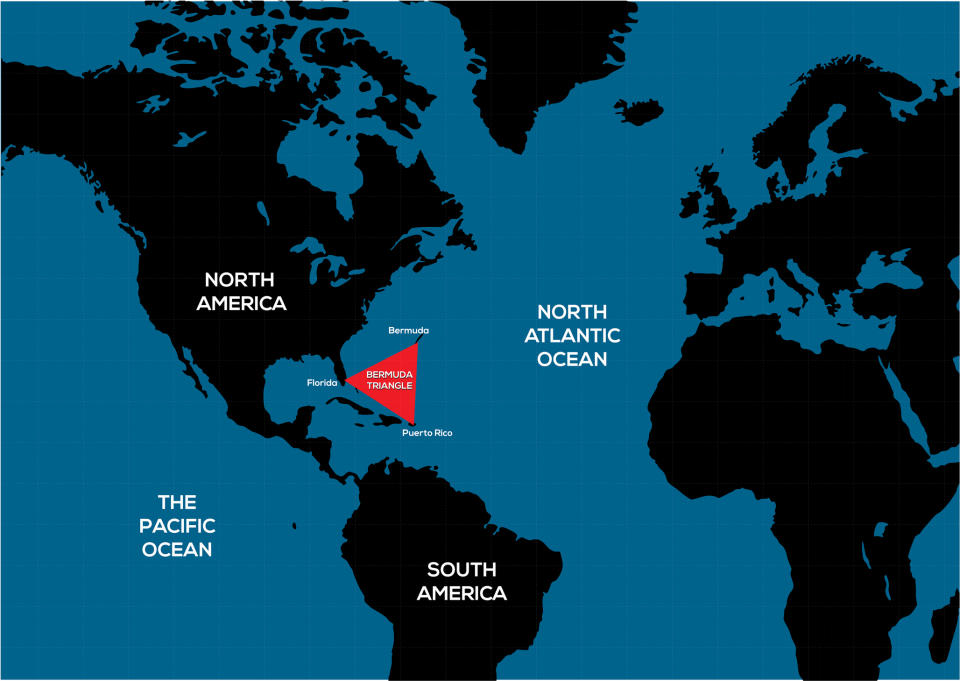 graphic showing the area of the bermuda triangle between florida, bermuda, and puerto rico