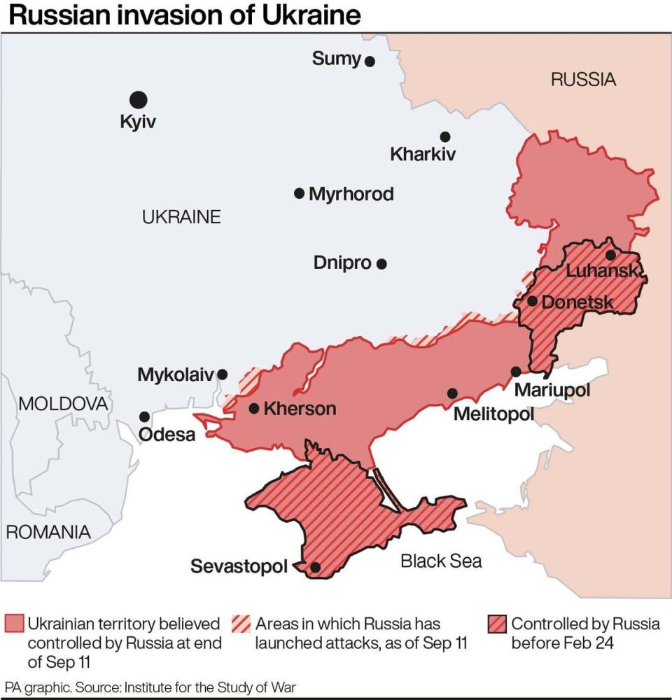 This map shows the extent of Russia’s invasion of Ukraine as of 11 September, 2022. (Press Association Images)