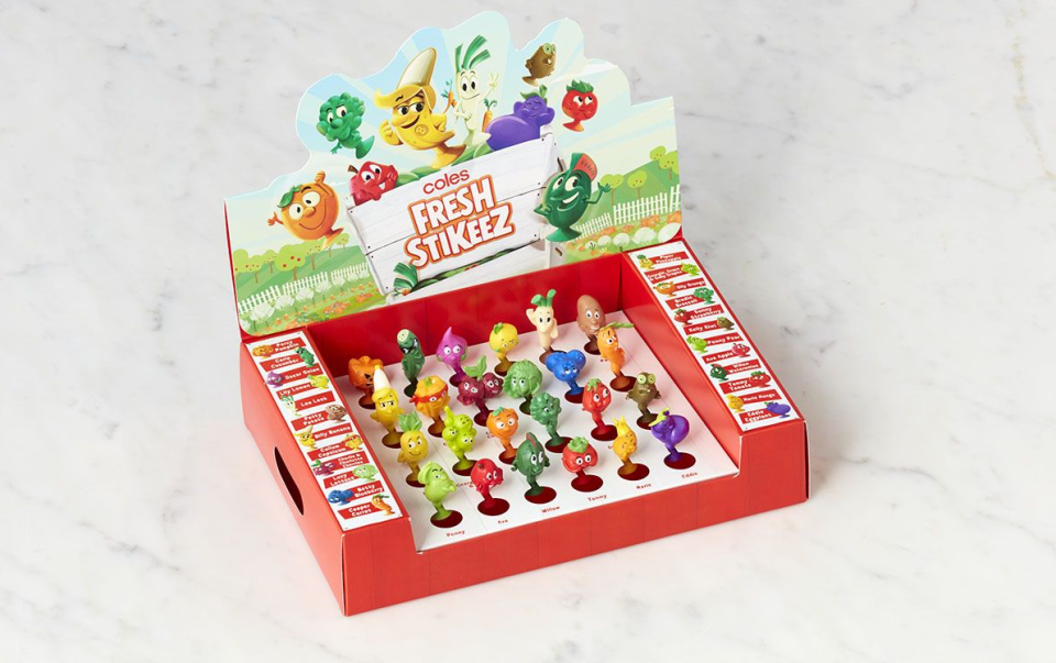 Photo shows Coles Stikeez in a cardboard display.