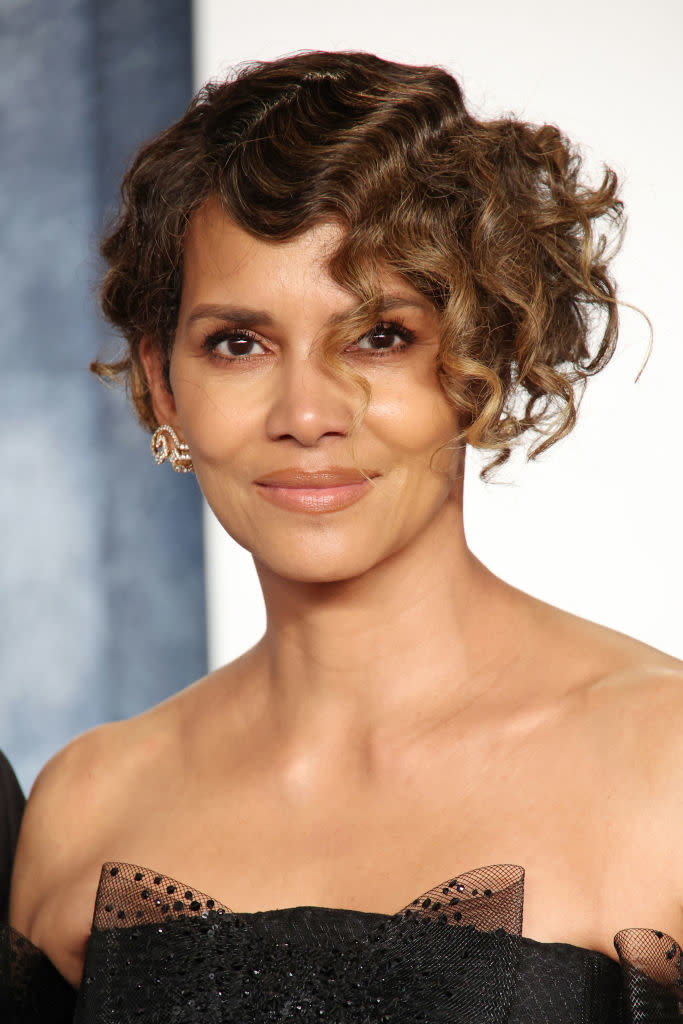 Close-up of Halle in a strapless outfit