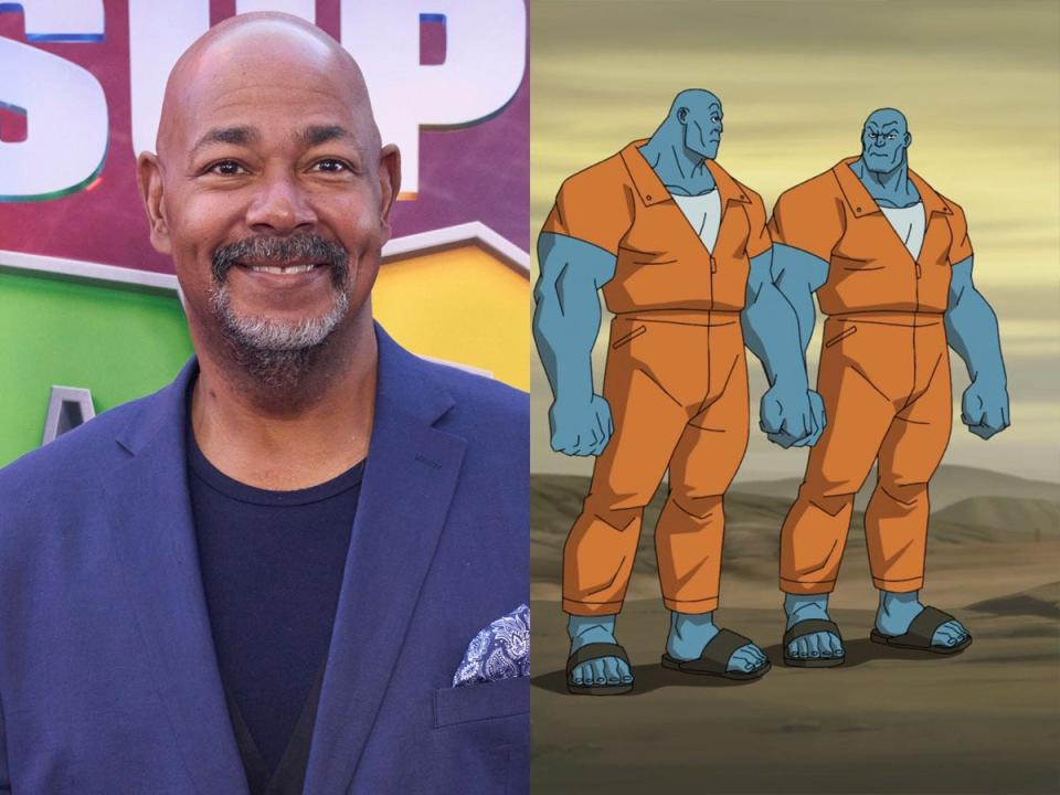 Kevin Michael Richardson, left, in April 2023. The Mauler twins, right, on the animated series "Invincible."