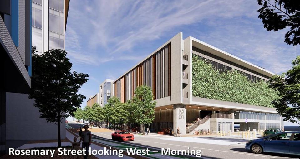 An architect’s rendering shows the future East Rosemary parking garage as seen from the town’s Wallace Parking Deck near the corner of East Rosemary and Henderson streets in downtown Chapel Hill. The new garage will feature a green wall on the eastern facade.