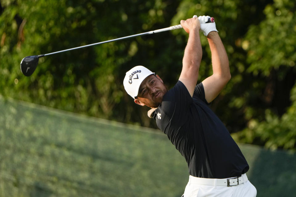 Xander Schauffele hits from the 13th tee during the third round of the Travelers Championship golf tournament at TPC River Highlands, Saturday, June 22, 2024, in Cromwell, Conn. (AP Photo/Seth Wenig)