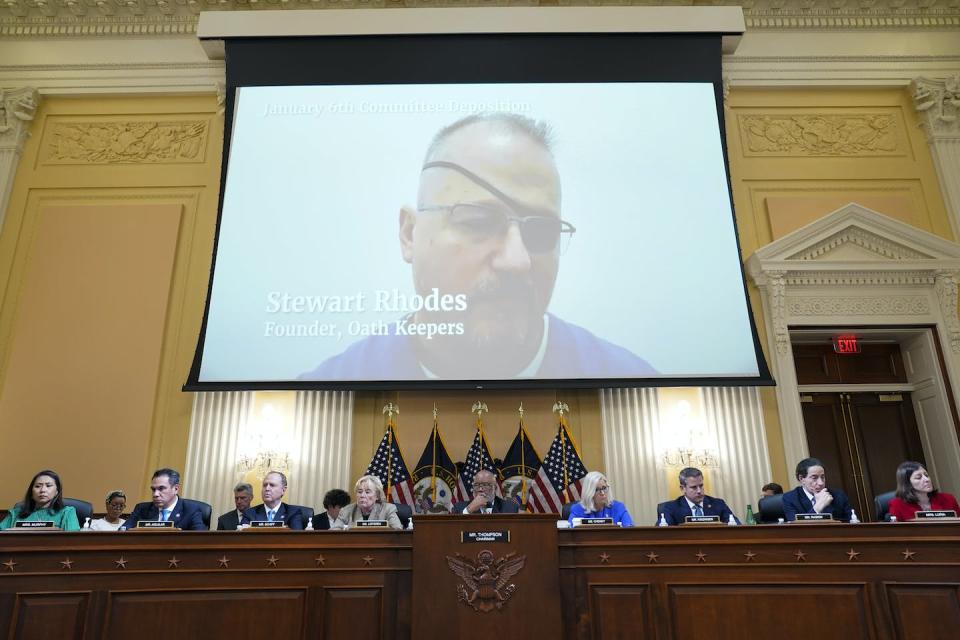 A video showing Stewart Rhodes during an interview with the January 6 Committee is shown at that committee’s public hearing June 9, 2022, on Capitol Hill in Washington. <a href="https://newsroom.ap.org/detail/CapitolRiotOathKeepersFounder/eee7cea6a7ab48bcab876cbe3ef795c3/photo?Query=Stewart%20Rhodes&mediaType=photo&sortBy=creationdatetime:desc&dateRange=Anytime&totalCount=258&currentItemNo=206" rel="nofollow noopener" target="_blank" data-ylk="slk:AP Photo/Andrew Harnik;elm:context_link;itc:0;sec:content-canvas" class="link ">AP Photo/Andrew Harnik</a>