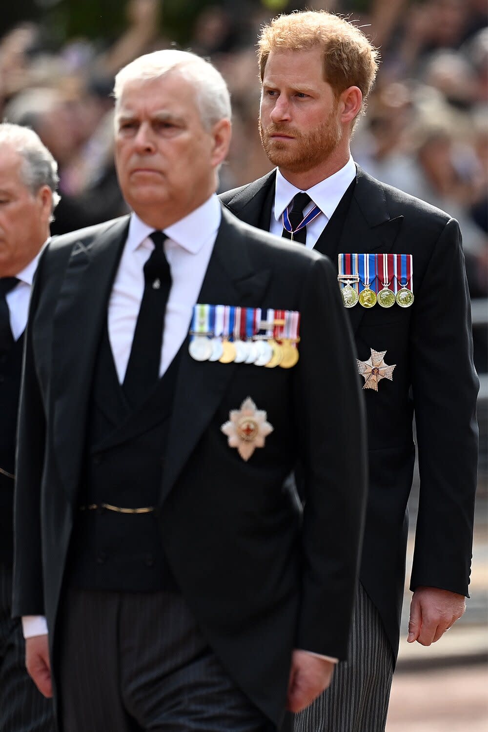 Prince Andrew, Duke of York and Prince Harry, Duke of Sussex walk behind the coffin during the procession for the Lying-in State of Queen Elizabeth II on September 14, 2022 in London, England. Queen Elizabeth II's coffin is taken in procession on a Gun Carriage of The King's Troop Royal Horse Artillery from Buckingham Palace to Westminster Hall where she will lay in state until the early morning of her funeral. Queen Elizabeth II died at Balmoral Castle in Scotland on September 8, 2022, and is succeeded by her eldest son, King Charles III.