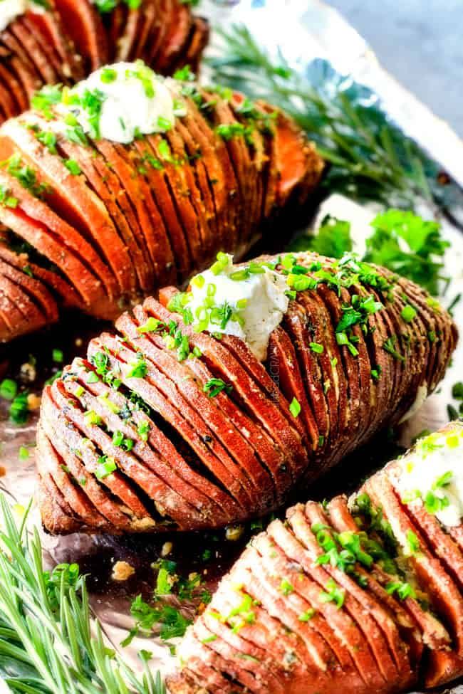 Hasselback Sweet Potatoes with Garlic Herb Butter