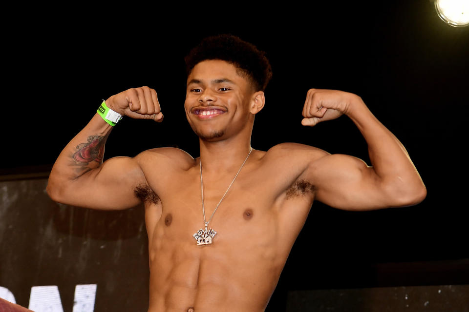 NEW YORK, NEW YORK - APRIL 19: Shakur Stevenson poses during the weigh-in for his featherweights fight against Christopher Diaz of Puerto Rico at Madison Square Garden on April 19, 2019 in New York City. (Photo by Sarah Stier/Getty Images)