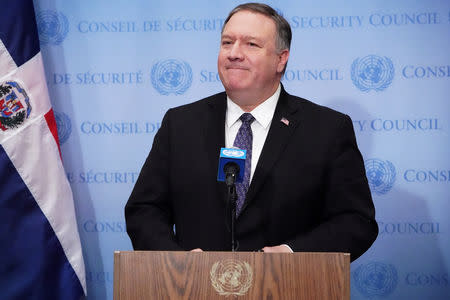 U.S. Secretary of State Mike Pompeo speaks to the media at the United Nations following a Security Council meeting about the situation in Venezuela in the Manhattan borough of New York City, New York, U.S., January 26, 2019. REUTERS/Carlo Allegri