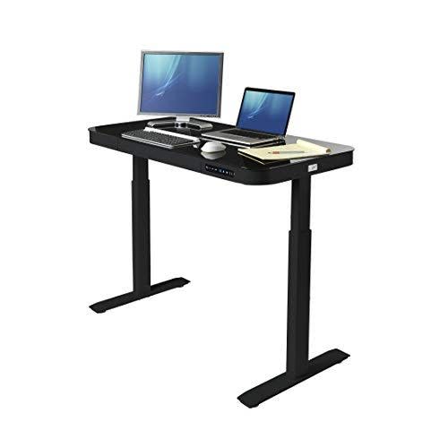 1) Seville Classics Airlift Tempered Glass Electric Standing Desk with Drawer, 2.4A USB Ports, 3 Memory Buttons (Max. Height 47") Dual Motors, Black Top