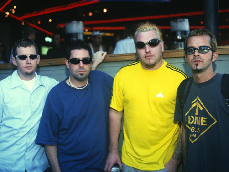 Paul De Lisle, Kevin Coleman, Steve Harwell, and Greg Camp of Smash Mouth pose at Shoreline Amphitheatre on September 13, 1997 in Mountain View, California