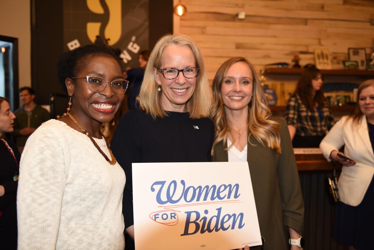 Minnesota Democratic State Senator, congressional candidate, and practicing OBGYN Kelly Morrison poses at the Women for Biden event at Nine Mile Brewing in Bloomington, Minn. on April 19, 2024.