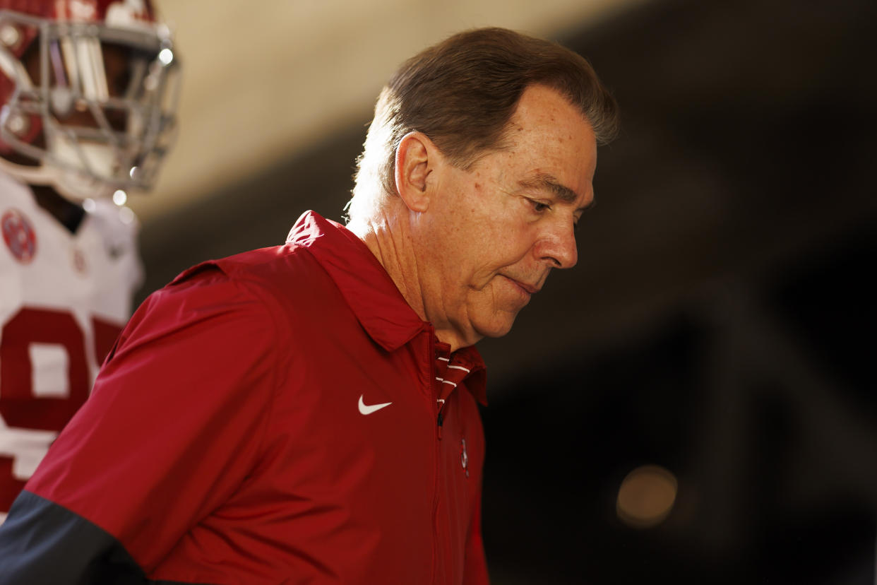 PASADENA, CALIFORNIA - JANUARY 01: Head coach Nick Saban of the Alabama Crimson Tide walks to the field before the CFP Semifinal Rose Bowl Game against the Michigan Wolverines at Rose Bowl Stadium on January 1, 2024 in Pasadena, California. (Photo by Ryan Kang/Getty Images)