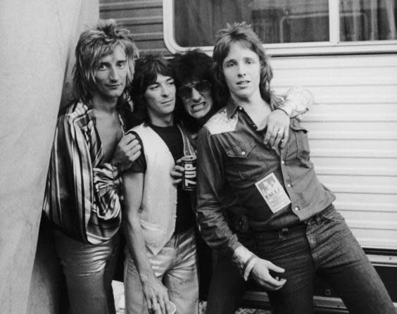 Never a dull moment: Rod with Ian McLagan and Ron Wood of The Faces, and photographer Richard Upper, in 1973 (Getty)