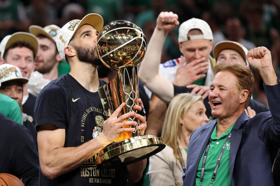 Florida Panthers' star Matthew Tkachuk was freshman classmates with the Boston Celtics' Jayson Tatum, seen here kissing the NBA trophy after his team won the NBA championship Monday, June 17. Now the Panthers have a chance to win the Stanley Cup on Tuesday, June 18.