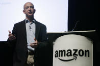 FILE - In this file photo made May 25, 2010, Amazon.com Inc. CEO and founder Jeff Bezos speaks during the company's shareholders meeting in Seattle. An undersea expedition spearheaded by Bezos used sonar to find what he said were the F-1 engines that helped boost the Apollo 11 mission to the moon located 14,000 feet deep in the Atlantic. In an online announcement Wednesday, March 28, 2012, the Amazon.com CEO and founder said he is drawing up plans to recover the sunken engines, part of the mighty Saturn V rocket that launched Neil Armstrong, Buzz Aldrin and Michael Collins on their moon mission. (AP Photo/Ted S. Warren, File)